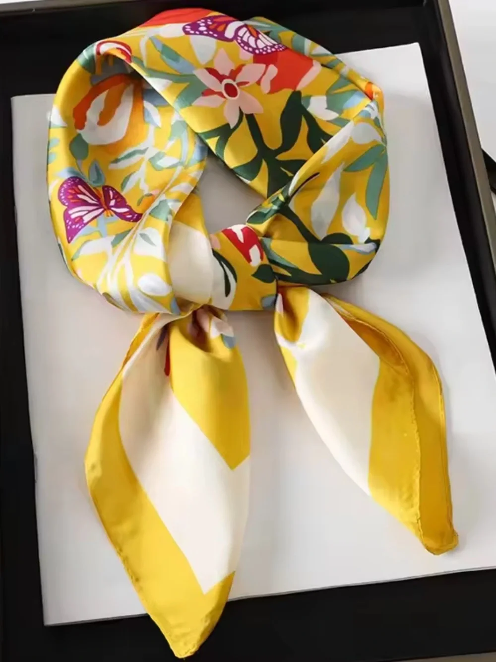 Yellow Floral Silk-Feel Neck Scarf with Butterflies